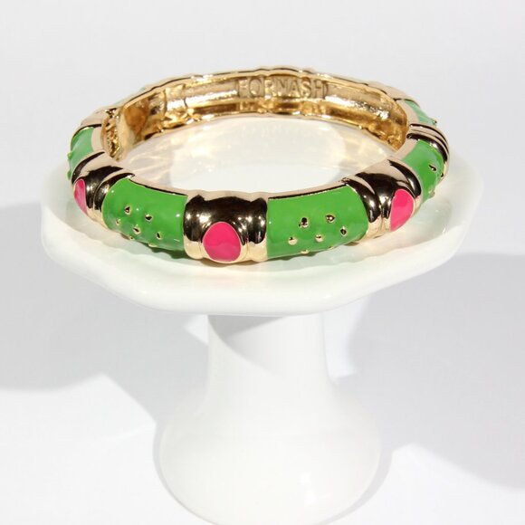Vintage FORNASH Gold Tone w/ Green and Pink Enamel Bangle Bracelet 2.36" D - Picture 6 of 8
